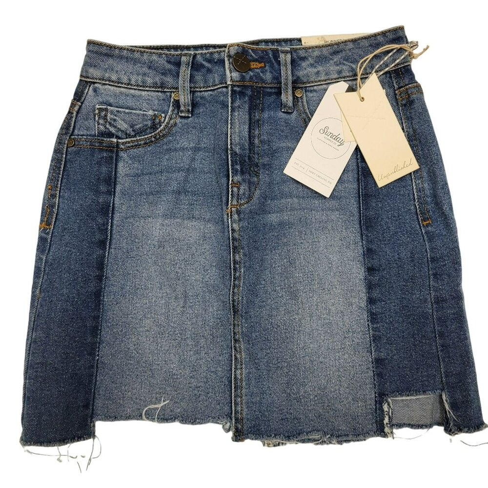 Unpublished Sadie Two Faces Mini Jean Skirt High Waist Upcycled Hand Finished 24